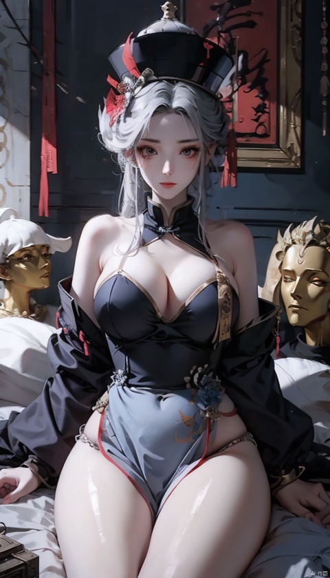  High quality, masterpiece, 1 girl, jiangshi, qing_ Guanmao, no bra,breast curtains,china dress,Slender thighs, sexy