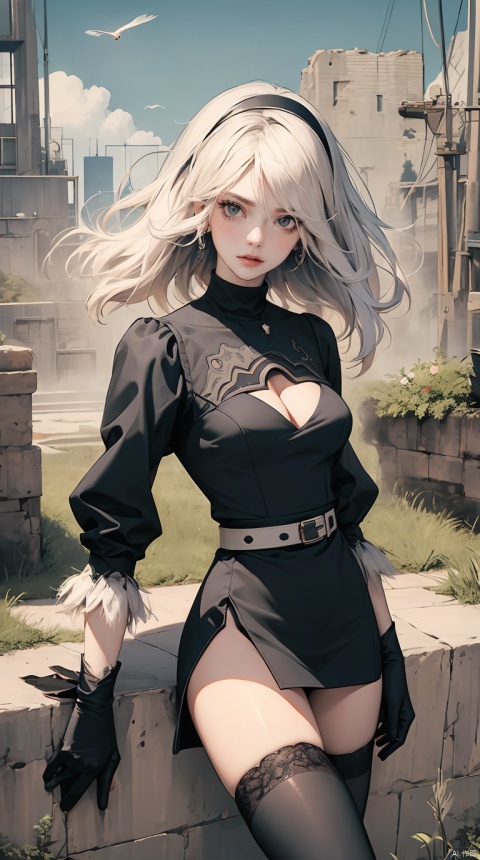 photorealistic, masterpiece, photorealistic, high resolution, soft light, hips up, yorha no. 2 type b, 1girl, black dress, black hairband, blue sky, building, city, cloud, covered eyes, debris, dress, feather-trimmed sleeves, feather trim, gloves, grass, hairband, juliet sleeves, leather, long sleeves, nier \(series\), nier automata, post-apocalypse, puffy sleeves, rubble, ruins, scenery, sky, thighhighs, thighhighs under boots