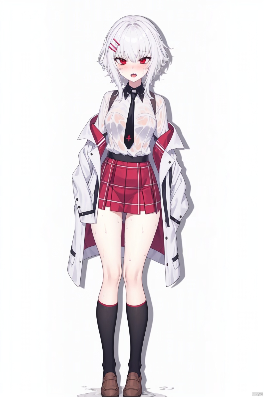  1girl, zwqj,best quality, 1girl, red eyes, solo, hair ornament, necktie, hairclip, white hair, best quality,have to pee, , shoes, miniskirt, bangs, necktie, nose blush, open mouth, long sleeves, peeing self, plaid, full body, sweat, red skirt, teeth, pleated skirt, kneehighs, brown footwear, , looking at viewer, sidelocks, shiny, simple background,school uniform, wet clothes, shirt tucked in, hair between eyes