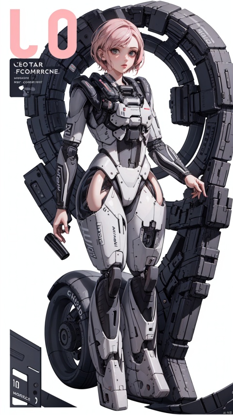 1girl, motor vehicle, ground vehicle, science fiction, solo, motorcycle, pink hair, cyberpunk, short hair, bodysuit, cyborg, lips, armor, nose, white background