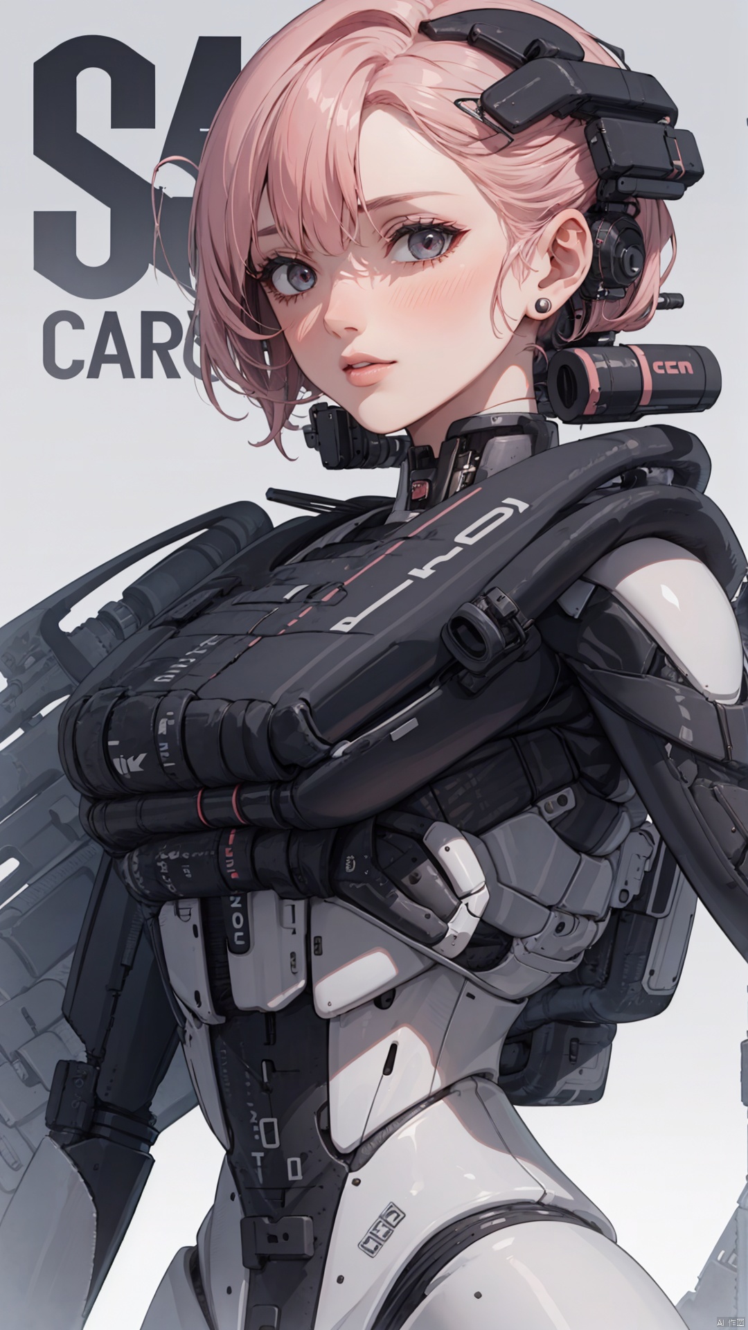 1girl, motor vehicle, ground vehicle, science fiction, solo, motorcycle, pink hair, cyberpunk, short hair, bodysuit, cyborg, lips, armor, nose, white background