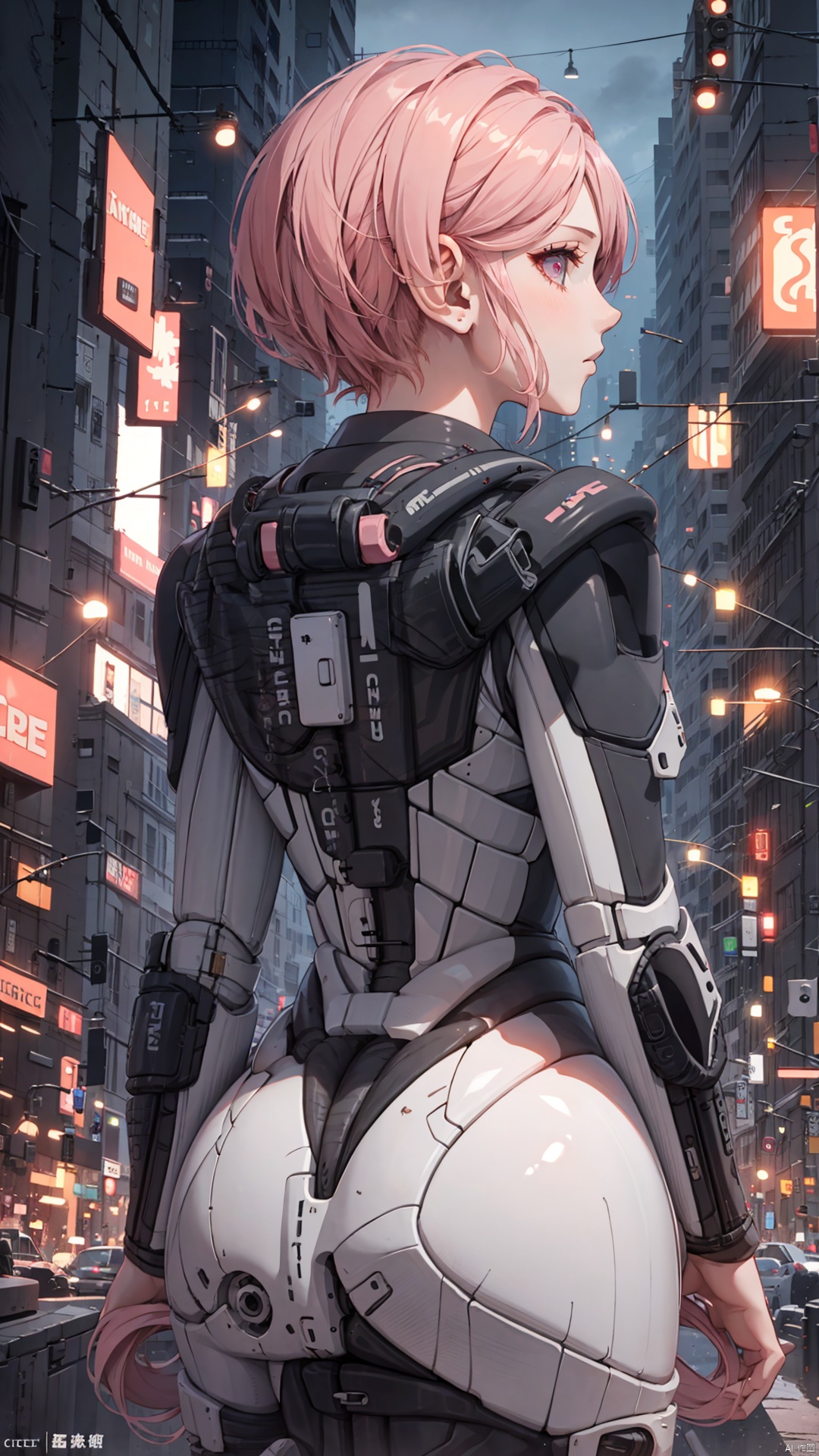 莉达,1girl, short hair, solo, from behind, cyberpunk, pink hair, science fiction, city,莉达
