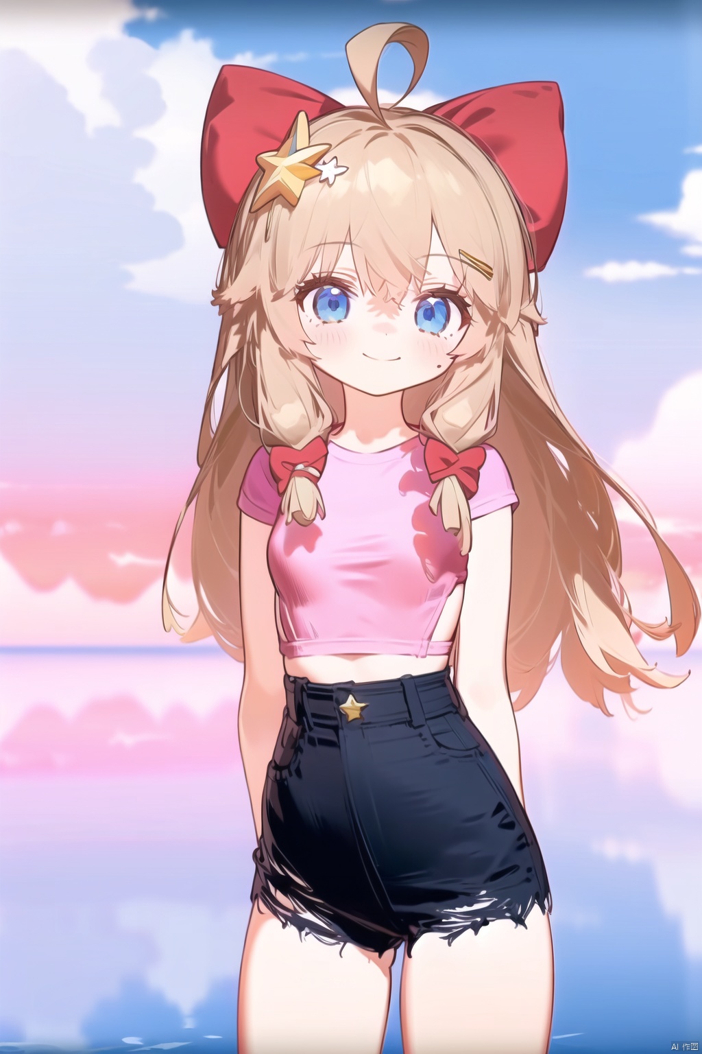 饿肚肚,1girl, solo, shirt, blue eyes, star \(symbol\), long hair, bow, pink shirt, hair bow, hair ornament, shorts, ahoge, brown hair, smile, star hair ornament, red bow, closed mouth, high-waist shorts, short sleeves, black shorts, bangs, sky, outdoors, ocean, cloud, virtual youtuber