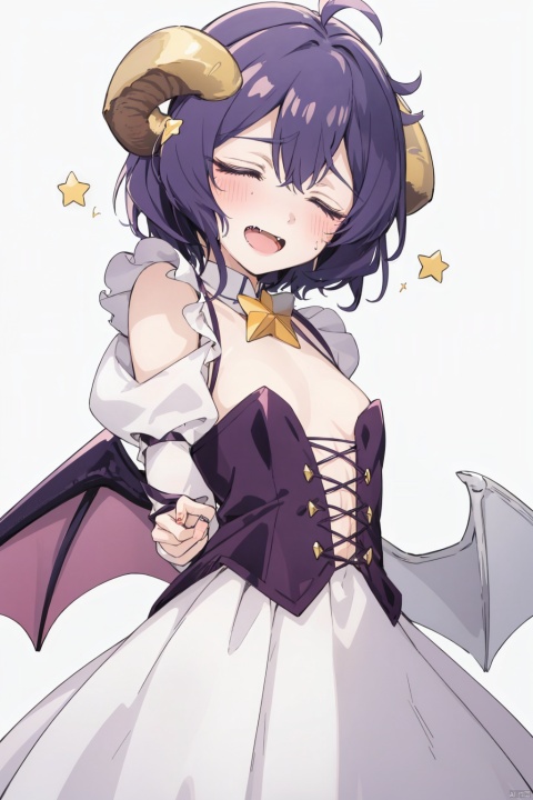 1girl, horns, closed eyes, open mouth, blush, solo, purple hair, fang, star \(symbol\), short hair, multicolored hair, wings