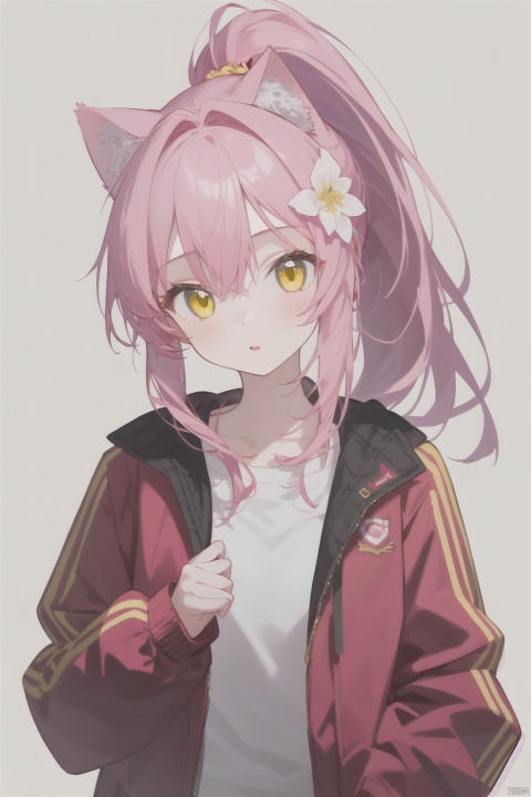  1girl,pink hair,yellow eyes,red jacket,high ponytail,hair_flower, best quality,cat ears
