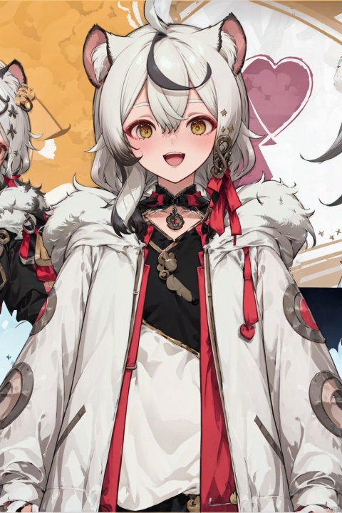 animal ears, multicolored hair, fur trim, heart, tiger ears, ahoge, black hair, symbol-shaped pupils, hair between eyes, streaked hair, smile, white hair, animal ear fluff, bangs, upper body, looking at viewer, blush, hood, heart-shaped pupils, open mouth, long hair, open clothes, coat, tiger girl, two-tone hair, fur-trimmed coat, multiple girls, 2girls, hood down, long sleeves, 1girl