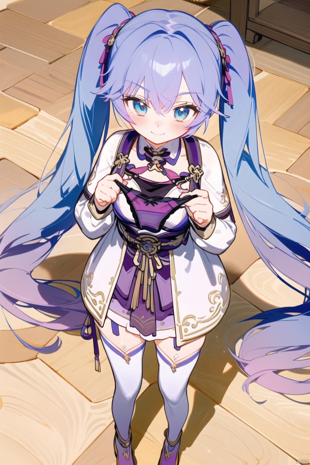  masterpiece, best quality,1girl,,prensentingpanties,panties, holding,holding panties, upper body,from above,shy,blush,smile, , 1111
1girl, solo, thighhighs, purple hair, twintails, long hair, smile, full body,, very long hair, blue eyes, ,  white thighhighs, bangs, 
