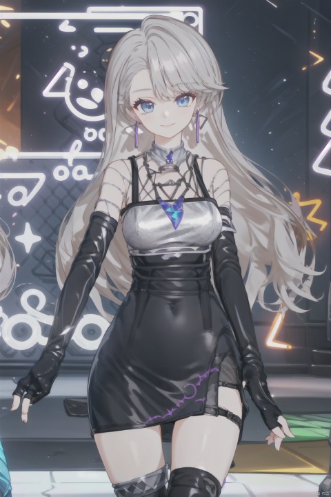 1girl, solo, gloves, thighhighs, jewelry, long hair, fingerless gloves, elbow gloves, blue eyes, virtual youtuber, earrings, fence, looking at viewer, black gloves, black skirt, skirt, smile, black thighhighs, breasts, k/da \(league of legends\), grey hair