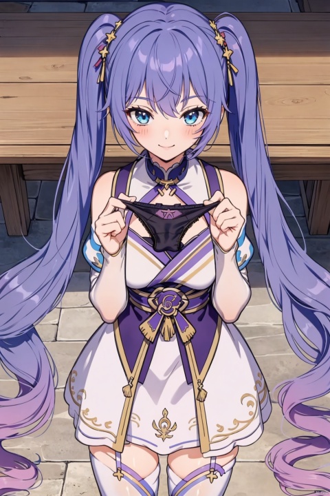 masterpiece, best quality,1girl,,prensentingpanties,panties, holding,holding panties, upper body,from above,shy,blush,smile, , 1111
1girl, solo, thighhighs, purple hair, twintails, long hair, smile, full body,, very long hair, blue eyes, , white thighhighs, bangs, 
