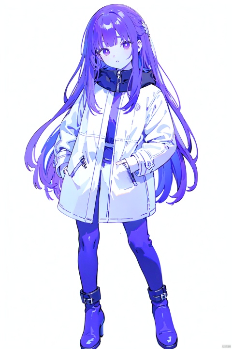  8k, best quality, masterpiece, (ultra-detailed:1.1), (high detailed skin),(full body:1.4), white background, standing, looking at viewer, (solo:1.3), hand on hip,, fl, def clothe, 1girl, long hair, purple hair, purple eyes,coat,black boots, (white background, simple background:1.4),, ( good hands, nice hands:0.5),(beautiful_face), ((intricate_detail)), clear face,((finely_detailed)), fine_fabric_emphasis,((glossy)), full_shot,
