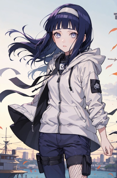masterpiece, absurdres, 1girl, hinata\(shippuden\), solo,hooded jacket, fishnets, headband around neck, looking at viewer,  floating hair,  wind, blue pants, 