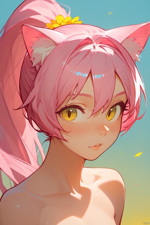score_9, score_8_up, score_7_up,design),perfect face,1girl,pink hair,yellow eyes,,high ponytail,hair_flower, best quality,cat ears,,  all in one,   , ,  