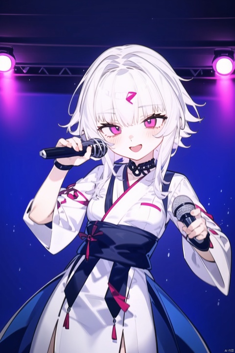  1girl,  zwqj,best quality, masterpiece, 1 young girl,solo ,microphone,slender,small breast,(japanese idol outfit in blue), cheerful,open mouth, in a live house,stage lighting, stage spotlight