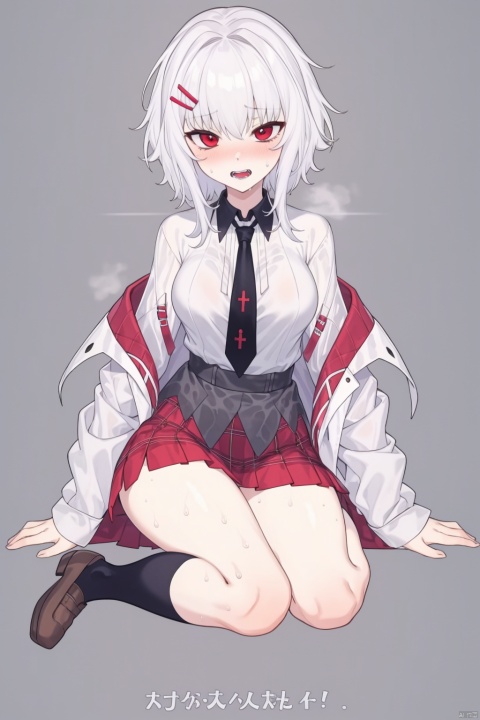  1girl, zwqj,best quality, 1girl, red eyes, solo, hair ornament, necktie, hairclip, white hair, best quality,have to pee, , shoes, miniskirt, bangs, necktie, nose blush, open mouth, long sleeves, peeing self, plaid, full body, sweat, red skirt, teeth, pleated skirt, kneehighs, brown footwear, , looking at viewer, sidelocks, shiny, simple background,school uniform, wet clothes, shirt tucked in, hair between eyes