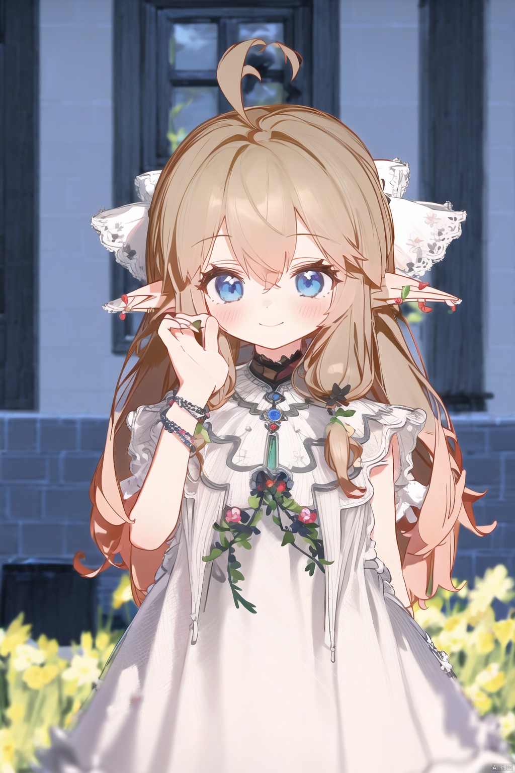 1girl, solo, blue eyes, pointy ears, ahoge, long hair, brown hair, dress, smile, jewelry, outdoors, looking at viewer, bracelet, elf, flower, blurry, blurry background, white dress