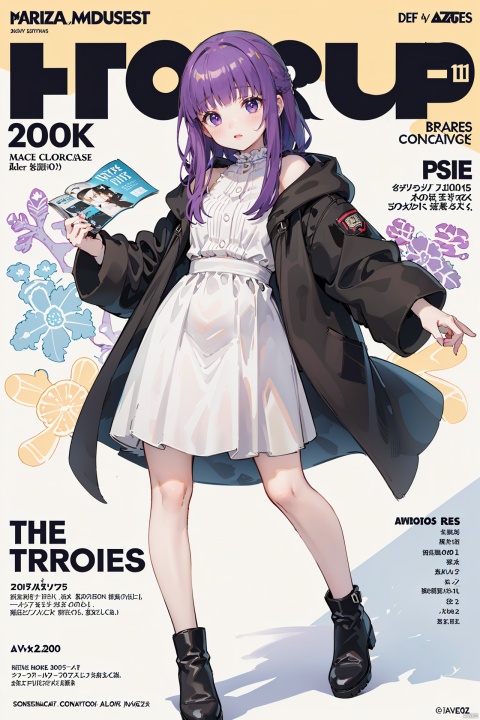  (best quality), (ultra detailed), ((masterpiece)), sfw,consored,illustration, ray tracing,contrapposto, female focus,model, 
///////////////////
fl, def clothe, 1girl, long hair, purple hair, purple eyes,coat,black boots,white dress
//////////////////////////
sexy, fine fabric emphasis,wall paper, crowds, fashion, Lipstick, depth of field, street, in public,(Magazine cover:1.2),(title),(Magazine cover-style illustration of a fashionable woman), posing in front of a colorful and dynamic background. (The text on the cover should be bold and attention-grabbing, with the title of the magazine and a catchy headline). ,olyaya,fl,def clothe