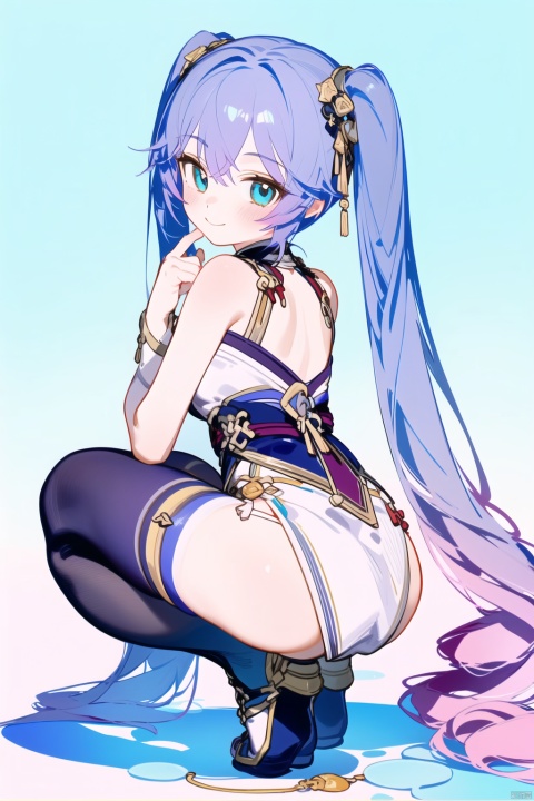  1girl, **** beads, squatting, looking back, suggestive fluid,, masterpiece, best quality, highly detailed,
1girl, solo, thighhighs, purple hair, twintails, long hair, smile, full body,, very long hair, blue eyes, ,  white thighhighs, bangs, 
