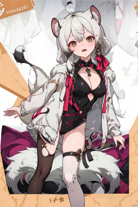 1girl, animal ears, solo, breasts, virtual youtuber, pantyhose, leotard, thigh strap, black pantyhose, multicolored hair, long hair, clothing cutout, lion ears, tail, lion tail, ahoge, black hair, animal ear fluff, full body, cleavage, grey hair, lion girl, cleavage cutout, very long hair, black leotard, white footwear, medium breasts