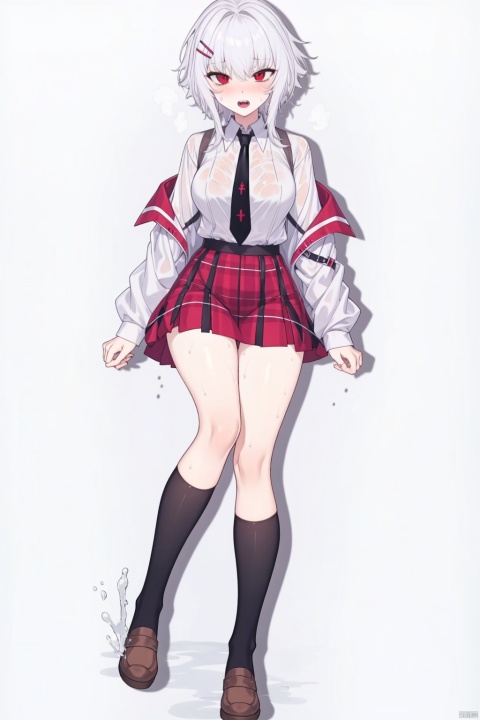  1girl, zwqj,best quality, 1girl, red eyes, solo, hair ornament, necktie, hairclip, white hair, best quality,have to pee, , shoes, miniskirt, bangs, necktie, nose blush, open mouth, long sleeves, peeing self, plaid, full body, sweat, red skirt, teeth, pleated skirt, kneehighs, brown footwear, , looking at viewer, sidelocks, shiny, simple background,school uniform, wet clothes, shirt tucked in, hair between eyes