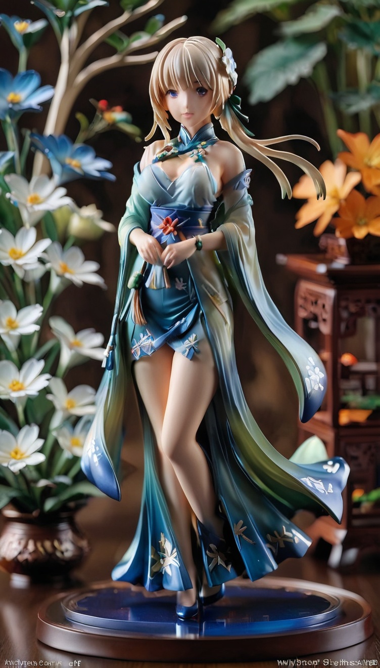 This PVC doll model belongs to the Zodiac Knights Girls 2 series designed by Yuno, Inspired by Mayuri Shiina, the goddess of sorrow. she is wearing a blue dress, Show a nice smile, Set atop a meticulously carved floral sculpture. Holding anime statue, Highlight its anime style. This scene may be concept art created by a senior artist, Carefully crafted, Every detail is carefully designed and crafted, Demonstrates high quality craftsmanship and artistry. This touching scene may have triggered heated discussions in art communities such as CGSociety, *********** its popular and eye-catching characteristics.
