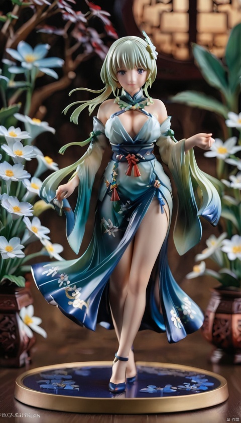 This PVC doll model belongs to the Zodiac Knights Girls 2 series designed by Yuno, Inspired by Mayuri Shiina, the goddess of sorrow. she is wearing a blue dress, Show a nice smile, Set atop a meticulously carved floral sculpture. Holding anime statue, Highlight its anime style. This scene may be concept art created by a senior artist, Carefully crafted, Every detail is carefully designed and crafted, Demonstrates high quality craftsmanship and artistry. This touching scene may have triggered heated discussions in art communities such as CGSociety, Demonstrate its popular and eye-catching characteristics.