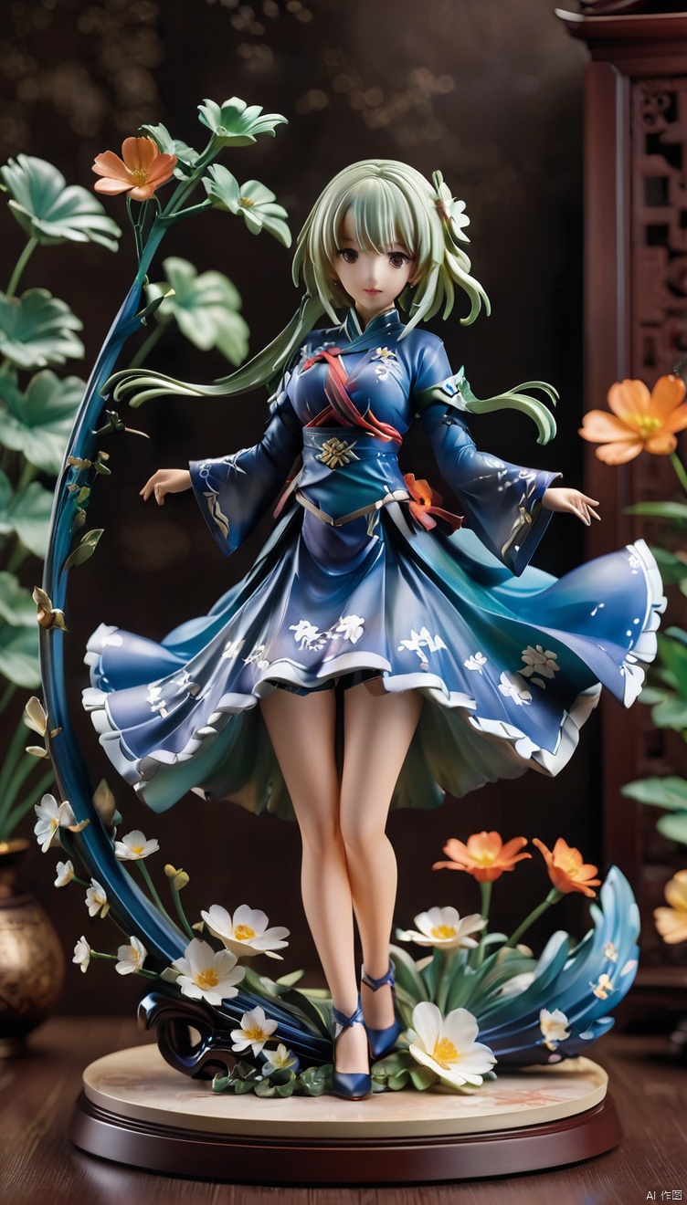 This PVC doll model belongs to the Zodiac Knights Girls 2 series designed by Yuno, Inspired by Mayuri Shiina, the goddess of sorrow. she is wearing a blue dress, Show a nice smile, Set atop a meticulously carved floral sculpture. Holding anime statue, Highlight its anime style. This scene may be concept art created by a senior artist, Carefully crafted, Every detail is carefully designed and crafted, Demonstrates high quality craftsmanship and artistry. This touching scene may have triggered heated discussions in art communities such as CGSociety, *********** its popular and eye-catching characteristics., figure