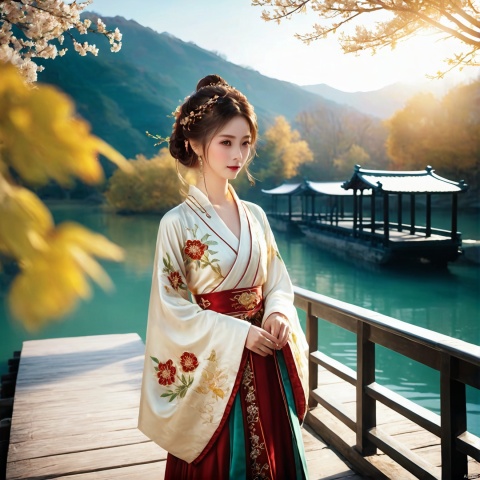 photorealistic,realistic,masterpiece,best quality,4k,,
A girl standing near the bridge over the lake, Wear new Chinese clothing that combines traditional Chinese Hanfu and modern clothing elements, Showing a unique oriental charm. Her clothes are mainly in red and white colors, With exquisite embroidery and beadwork, Showing the profound heritage of Chinese traditional culture. Her hairstyle is simple yet elegant, Wearing gorgeous hair accessories, Adds a splash of color to the overall look. Her makeup is delicate and elegant, Highlighting her natural beauty. Her eyes are bright and energetic, It seemed to be telling her inner story. Her skin is fair and delicate, Exudes a charming luster. Her figure is graceful and dignified, Exudes a noble temperament. She stood on the bridge by the lake, Behind you are the sparkling water and the mountains in the distance., It forms a beautiful picture. The sun shines on her body, Contrast between light and dark, highlighting her theme.
