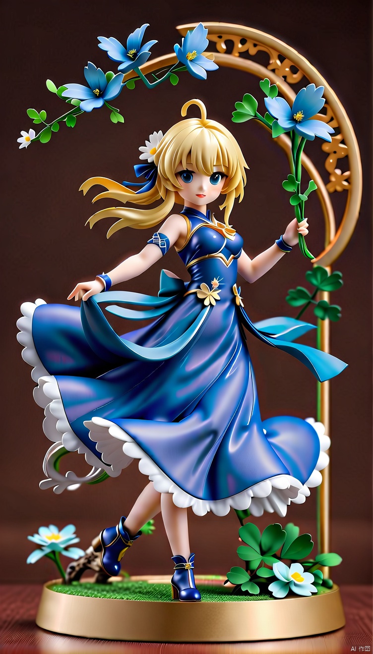 This PVC doll model belongs to the Zodiac Knights Girls 2 series designed by Yuno, Inspired by Mayuri Shiina, the goddess of sorrow. she is wearing a blue dress, Show a nice smile, Set atop a meticulously carved floral sculpture. Holding anime statue, Highlight its anime style. This scene may be concept art created by a senior artist, Carefully crafted, Every detail is carefully designed and crafted, Demonstrates high quality craftsmanship and artistry. This touching scene may have triggered heated discussions in art communities such as CGSociety, *********** its popular and eye-catching characteristics., figure, ( figma:0.8), pvc figure