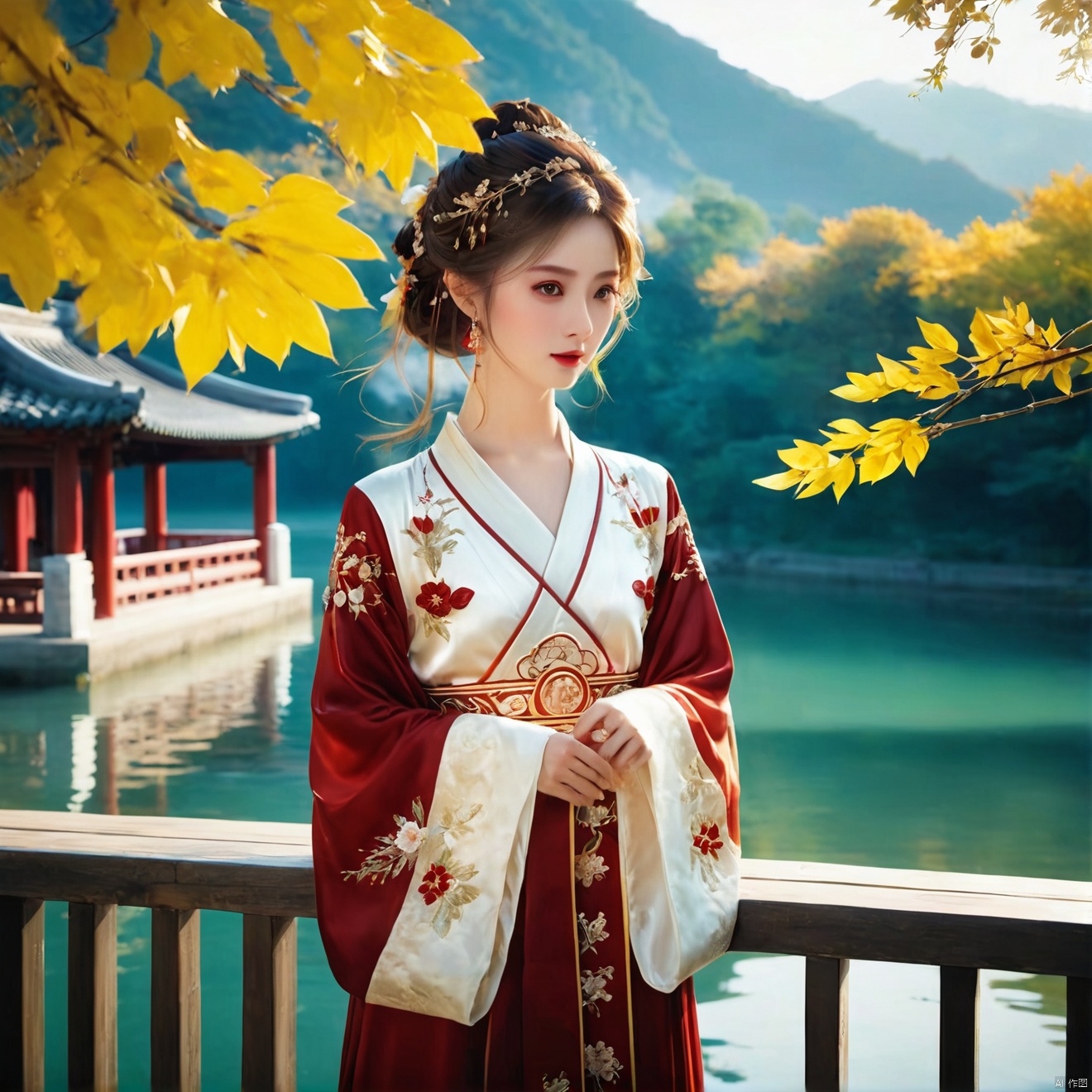 photorealistic,realistic,masterpiece,best quality,4k,,
A girl standing near the bridge over the lake, Wear new Chinese clothing that combines traditional Chinese Hanfu and modern clothing elements, Showing a unique oriental charm. Her clothes are mainly in red and white colors, With exquisite embroidery and beadwork, Showing the profound heritage of Chinese traditional culture. Her hairstyle is simple yet elegant, Wearing gorgeous hair accessories, Adds a splash of color to the overall look. Her makeup is delicate and elegant, Highlighting her natural beauty. Her eyes are bright and energetic, It seemed to be telling her inner story. Her skin is fair and delicate, Exudes a charming luster. Her figure is graceful and dignified, Exudes a noble temperament. She stood on the bridge by the lake, Behind you are the sparkling water and the mountains in the distance., It forms a beautiful picture. The sun shines on her body, Contrast between light and dark, highlighting her theme.