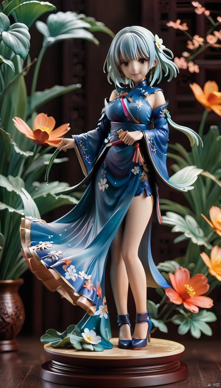 This PVC doll model belongs to the Zodiac Knights Girls 2 series designed by Yuno, Inspired by Mayuri Shiina, the goddess of sorrow. she is wearing a blue dress, Show a nice smile, Set atop a meticulously carved floral sculpture. Holding anime statue, Highlight its anime style. This scene may be concept art created by a senior artist, Carefully crafted, Every detail is carefully designed and crafted, Demonstrates high quality craftsmanship and artistry. This touching scene may have triggered heated discussions in art communities such as CGSociety, *********** its popular and eye-catching characteristics., figure