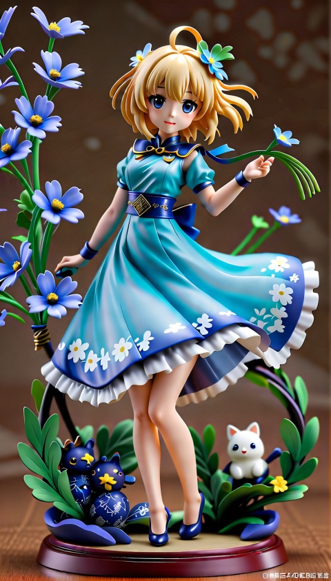 This PVC doll model belongs to the Zodiac Knights Girls 2 series designed by Yuno, Inspired by Mayuri Shiina, the goddess of sorrow. she is wearing a blue dress, Show a nice smile, Set atop a meticulously carved floral sculpture. Holding anime statue, Highlight its anime style. This scene may be concept art created by a senior artist, Carefully crafted, Every detail is carefully designed and crafted, Demonstrates high quality craftsmanship and artistry. This touching scene may have triggered heated discussions in art communities such as CGSociety, Demonstrate its popular and eye-catching characteristics., figure, ( figma:0.8), pvc figure