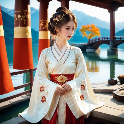 photorealistic,realistic,masterpiece,best quality,4k,,
A girl standing near the bridge over the lake, Wear new Chinese clothing that combines traditional Chinese Hanfu and modern clothing elements, Showing a unique oriental charm. Her clothes are mainly in red and white colors, With exquisite embroidery and beadwork, Showing the profound heritage of Chinese traditional culture. Her hairstyle is simple yet elegant, Wearing gorgeous hair accessories, Adds a splash of color to the overall look. Her makeup is delicate and elegant, Highlighting her natural beauty. Her eyes are bright and energetic, It seemed to be telling her inner story. Her skin is fair and delicate, Exudes a charming luster. Her figure is graceful and dignified, Exudes a noble temperament. She stood on the bridge by the lake, Behind you are the sparkling water and the mountains in the distance., It forms a beautiful picture. The sun shines on her body, Contrast between light and dark, highlighting her theme.