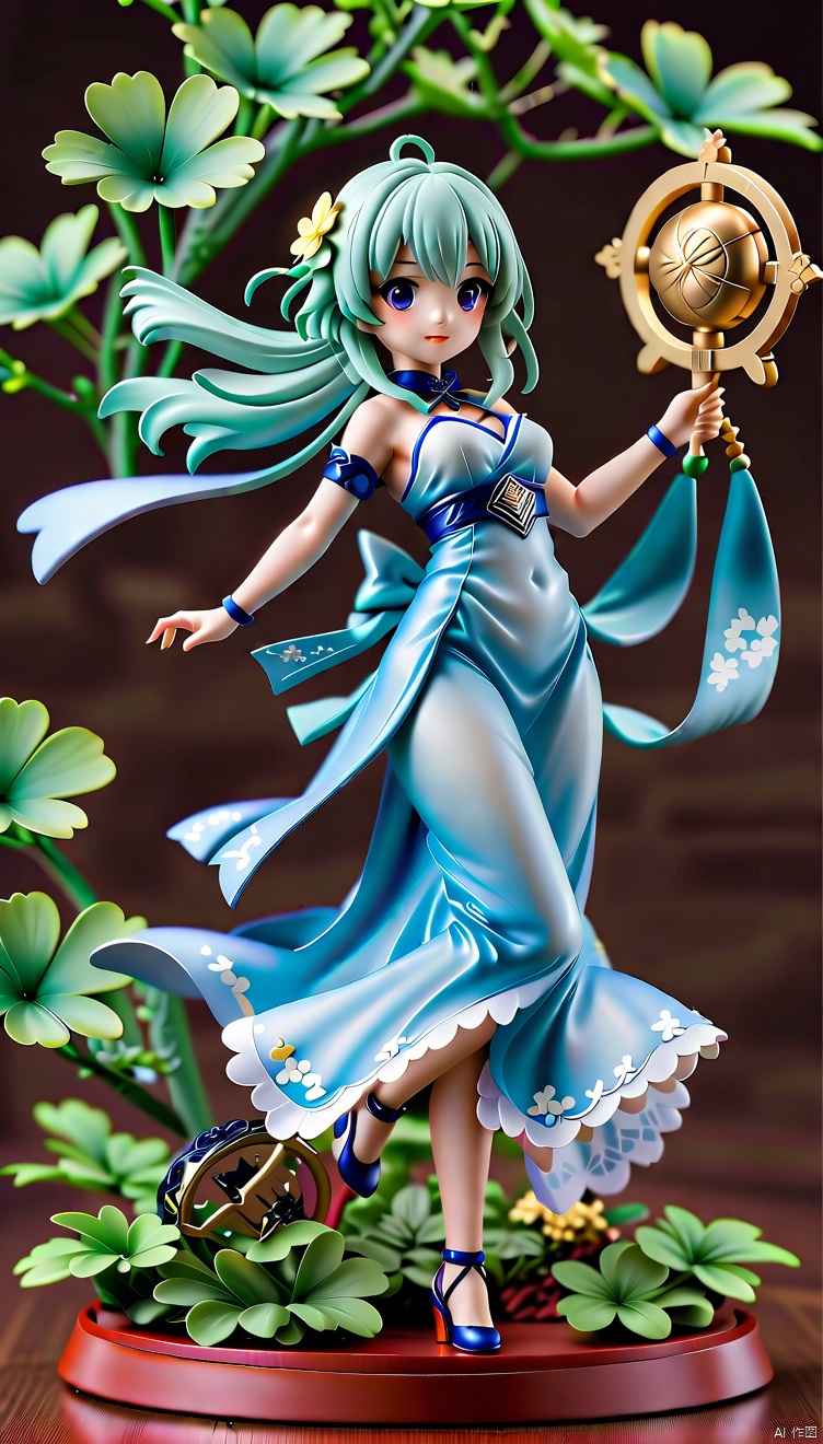 This PVC doll model belongs to the Zodiac Knights Girls 2 series designed by Yuno, Inspired by Mayuri Shiina, the goddess of sorrow. she is wearing a blue dress, Show a nice smile, Set atop a meticulously carved floral sculpture. Holding anime statue, Highlight its anime style. This scene may be concept art created by a senior artist, Carefully crafted, Every detail is carefully designed and crafted, Demonstrates high quality craftsmanship and artistry. This touching scene may have triggered heated discussions in art communities such as CGSociety, *********** its popular and eye-catching characteristics., figure, ( figma:0.8), pvc figure