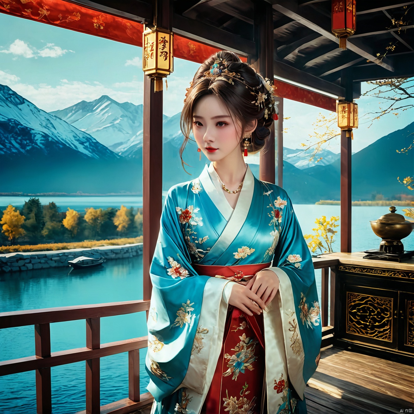 photorealistic,realistic,masterpiece,best quality,4k,,
A girl standing near the bridge over the lake, Wear new Chinese clothing that combines traditional Chinese Hanfu and modern clothing elements, Showing a unique oriental charm. Her clothes are mainly in red and white colors, With exquisite embroidery and beadwork, Showing the profound heritage of Chinese traditional culture. Her hairstyle is simple yet elegant, Wearing gorgeous hair accessories, Adds a splash of color to the overall look. Her makeup is delicate and elegant, Highlighting her natural beauty. Her eyes are bright and energetic, It seemed to be telling her inner story. Her skin is fair and delicate, Exudes a charming luster. Her figure is graceful and dignified, Exudes a noble temperament. She stood on the bridge by the lake, Behind you are the sparkling water and the mountains in the distance., It forms a beautiful picture. The sun shines on her body, Contrast between light and dark, highlighting her theme.