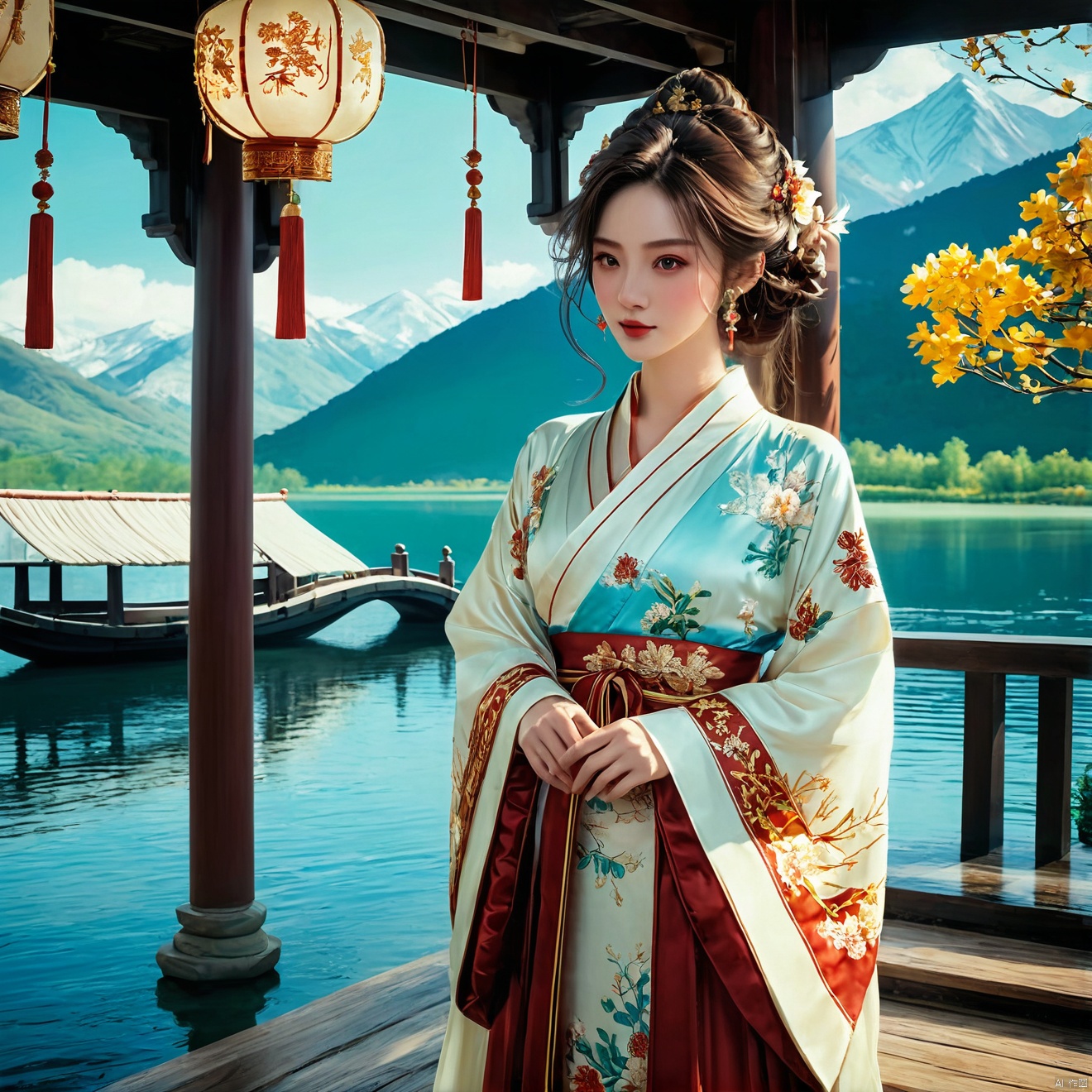 photorealistic,realistic,masterpiece,best quality,4k,,
A girl standing near the bridge over the lake, Wear new Chinese clothing that combines traditional Chinese Hanfu and modern clothing elements, Showing a unique oriental charm. Her clothes are mainly in red and white colors, With exquisite embroidery and beadwork, Showing the profound heritage of Chinese traditional culture. Her hairstyle is simple yet elegant, Wearing gorgeous hair accessories, Adds a splash of color to the overall look. Her makeup is delicate and elegant, Highlighting her natural beauty. Her eyes are bright and energetic, It seemed to be telling her inner story. Her skin is fair and delicate, Exudes a charming luster. Her figure is graceful and dignified, Exudes a noble temperament. She stood on the bridge by the lake, Behind you are the sparkling water and the mountains in the distance., It forms a beautiful picture. The sun shines on her body, Contrast between light and dark, highlighting her theme.