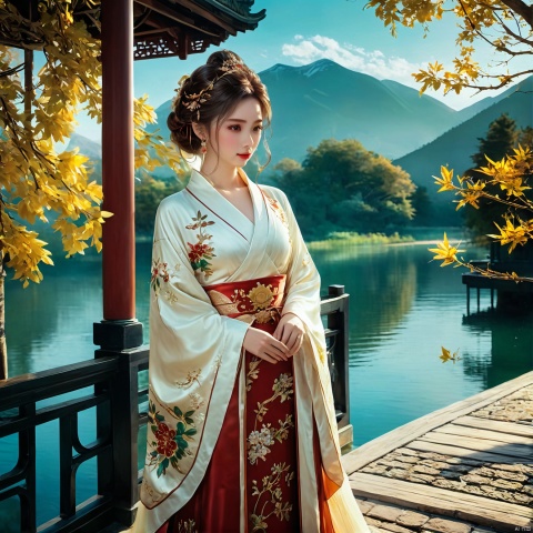 photorealistic,realistic,masterpiece,best quality,4k,,
A girl standing near the bridge over the lake, Wear new Chinese clothing that combines traditional Chinese Hanfu and modern clothing elements, Showing a unique oriental charm. Her clothes are mainly in red and white colors, With exquisite embroidery and beadwork, Showing the profound heritage of Chinese traditional culture. Her hairstyle is simple yet elegant, Wearing gorgeous hair accessories, Adds a splash of color to the overall look. Her makeup is delicate and elegant, Highlighting her natural beauty. Her eyes are bright and energetic, It seemed to be telling her inner story. Her skin is fair and delicate, Exudes a charming luster. Her figure is graceful and dignified, Exudes a noble temperament. She stood on the bridge by the lake, Behind you are the sparkling water and the mountains in the distance., It forms a beautiful picture. The sun shines on her body, Contrast between light and dark, highlighting her theme.