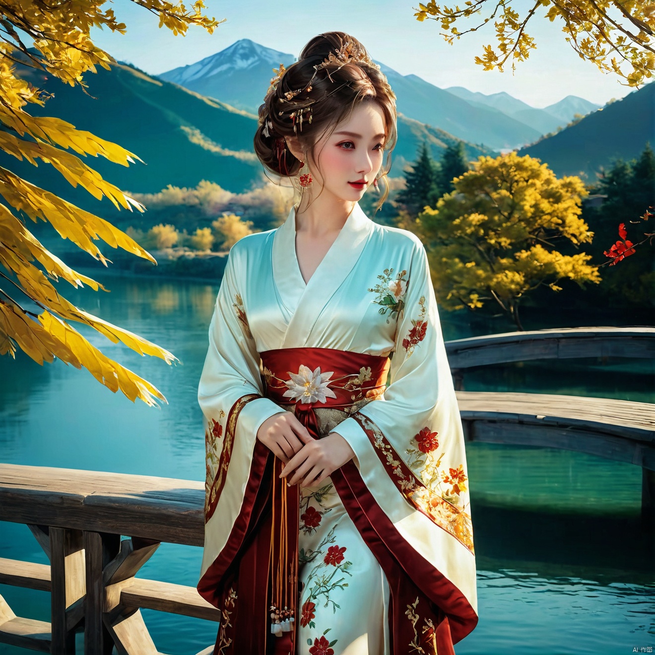 photorealistic,realistic,masterpiece,best quality,4k,,
A girl standing near the bridge over the lake, Wear new Chinese clothing that combines traditional Chinese Hanfu and modern clothing elements, Showing a unique oriental charm. Her clothes are mainly in red and white colors, With exquisite embroidery and beadwork, Showing the profound heritage of Chinese traditional culture. Her hairstyle is simple yet elegant, Wearing gorgeous hair accessories, Adds a splash of color to the overall look. Her makeup is delicate and elegant, Highlighting her natural beauty. Her eyes are bright and energetic, It seemed to be telling her inner story. Her skin is fair and delicate, Exudes a charming luster. Her figure is graceful and dignified, Exudes a noble temperament. She stood on the bridge by the lake, Behind you are the sparkling water and the mountains in the distance., It forms a beautiful picture. The sun shines on her body, Contrast between light and dark, highlighting her theme.