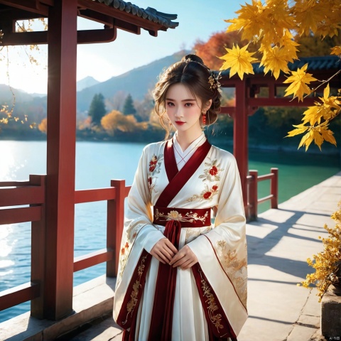 photorealistic,realistic,masterpiece,best quality,4k,,
A girl standing near the bridge over the lake, Wear new Chinese clothing that combines traditional Chinese Hanfu and modern clothing elements, Showing a unique oriental charm. Her clothes are mainly in red and white colors, With exquisite embroidery and beadwork, Showing the profound heritage of Chinese traditional culture. Her hairstyle is simple yet elegant, Wearing gorgeous hair accessories, Adds a splash of color to the overall look. Her makeup is delicate and elegant, Highlighting her natural beauty. Her eyes are bright and energetic, It seemed to be telling her inner story. Her skin is fair and delicate, Exudes a charming luster. Her figure is graceful and dignified, Exudes a noble temperament. She stood on the bridge by the lake, Behind you are the sparkling water and the mountains in the distance., It forms a beautiful picture. The sun shines on her body, Contrast between light and dark, highlighting her theme.