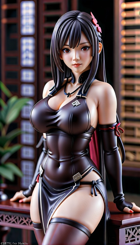 Close-up of a woman in black dress sitting at a table, seductive tifa lockhart portrait, (very detailed picture), Tifa, Detailed images, 8k high quality detailed art, portrait of tifa lockhart, additional details, High resolution details, full body xianxia, tifa lockhart portrait, Very detailed and high quality, high detail), PVC statue