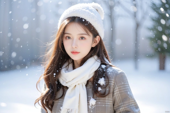  1girl, (snow:1.2), (snowing:1.2), snow, solo, scarf, long hair, brown hair, bokeh, realistic, coat,Hands behind your back,Cute, shy, Whole-body phase, Background blurring, shallow depth of field,Random clothes, random background environment, white hat