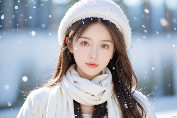 1girl, (snow:1.2), (snowing:1.2), snow, solo, scarf, long hair, brown hair, bokeh, realistic, coat,Hands behind your back,Cute, shy, Close up of the mountain's half body, Background blurring, shallow depth of field,Random clothes, random background environment, white hat