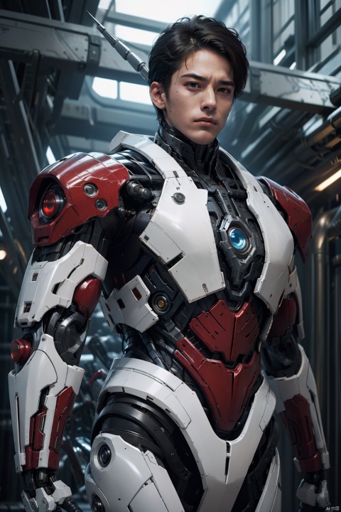  red tuxedo cyborg,1boy, high-top fade, big muscle, mascular, strong, dynamic angle, cyborg