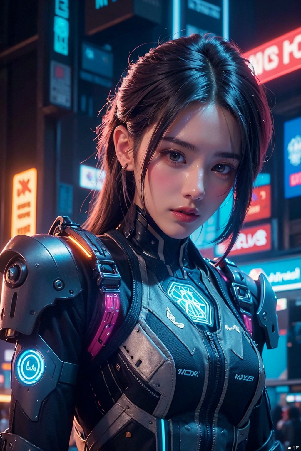  (masterpiece, top quality, best quality, official art, beautiful and aesthetic:1.2),CyberpunkWorld woman,long hair,(close up:1.2),(glowing armor:1.2),(cyberpunk:1.2),(CyberpunkWorld:1.3),neon,Neon Babe,Neon Babe style armor,cyber suit armor,robotic suit,jetpack,floating hair,(skinny, thin body:1.2),shiny skin,