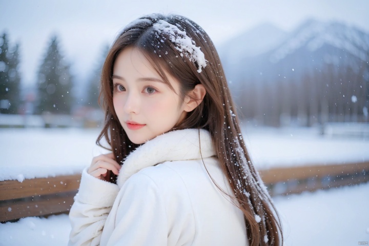  1girl, (snow:1.2), (snowing:1.2), snow, solo, scarf, long hair, brown hair, bokeh, realistic, coat,Hands behind your back,Cute, shy, Close up of the mountain's half body, Background blurring, shallow depth of field,Random clothes, random background environment