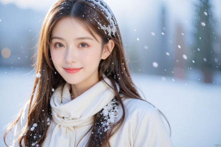  1girl, (snow:1.2), (snowing:1.2), snow, solo, scarf, long hair, smile, brown hair, bokeh, realistic, coat,Hands behind your back,Cute, shy, smiling,Close up of the mountain's half body, Background blurring, shallow depth of field,Random clothes, random background environment
