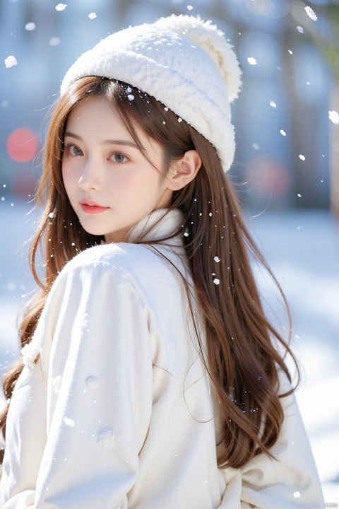  1girl, (snow:1.2), (snowing:1.2), snow, solo, scarf, long hair, brown hair, bokeh, realistic, coat,Hands behind your back,Cute, shy, Whole-body phase, Background blurring, shallow depth of field,Random clothes, random background environment, white hat