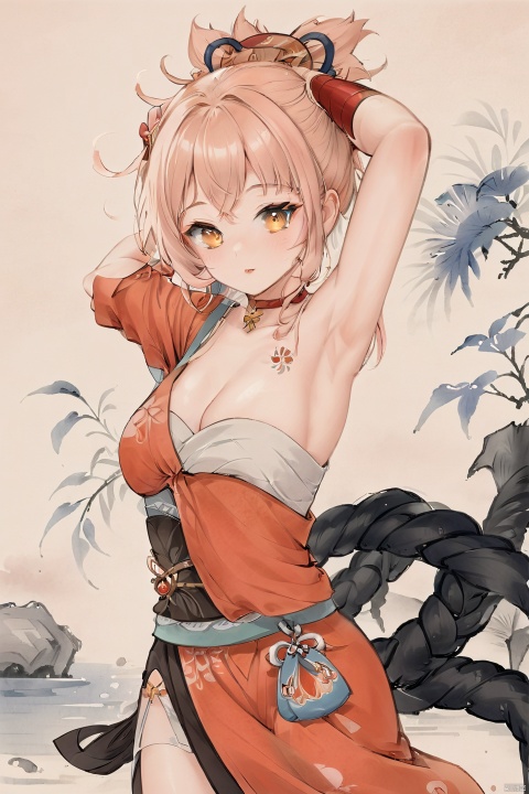 (\xiao gong\),1girl, armpits, breasts, solo, blush, blonde hair, looking at viewer, orange kimono, arms up, japanese clothes, kimono, cleavage, arm tattoo, sweat, red choker, full body, bandages, arms behind head, white background, simple background, hair between eyes, bangs, chest tattoo, yellow eyes, orange eyes, medium breasts, closed mouth, presenting armpit,1girl,(Traditional Chinese ink painting style: 1.3), Elegant movements, looking at viewer, sketch, Master&#39;s work, High details, (close-up) figures, meticulous paintings, gray tones of antique paintings, delicate embroidery patterns, moonlight on the lake, breeze blowing willows, flying brushstrokes, poetic atmosphere, elegant manners, classical Chinese gardens, simplicity Pavilions, light clouds and smoke, obi, xiangling