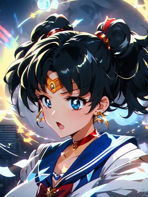  masterpiece, best quality, ,1girl, sailor moon, solo,(upper body:0.8),(cleavage,big boobs:1), sailor senshi uniform, tsukino usagi, blonde hair, long hair, blue eyes, gloves, sailor collar, twintails, blue sailor collar, jewelry, red choker, white gloves, earrings, hair bun, choker, double bun, red bow, upper body, bow, crescent, magical girl, open mouth, crescent earrings, elbow gloves, crescent moon, meme, moon, :d, circlet, bangs, looking at viewer, msn, sssr