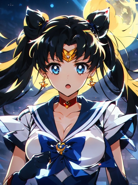  masterpiece, best quality, ,1girl, sailor moon, solo,(upper body:0.8),(cleavage,big boobs:1), sailor senshi uniform, tsukino usagi, blonde hair, long hair, blue eyes, gloves, sailor collar, twintails, blue sailor collar, jewelry, red choker, white gloves, earrings, hair bun, choker, double bun, red bow, upper body, bow, crescent, magical girl, open mouth, crescent earrings, elbow gloves, crescent moon, meme, moon, :d, circlet, bangs, looking at viewer, msn, sssr