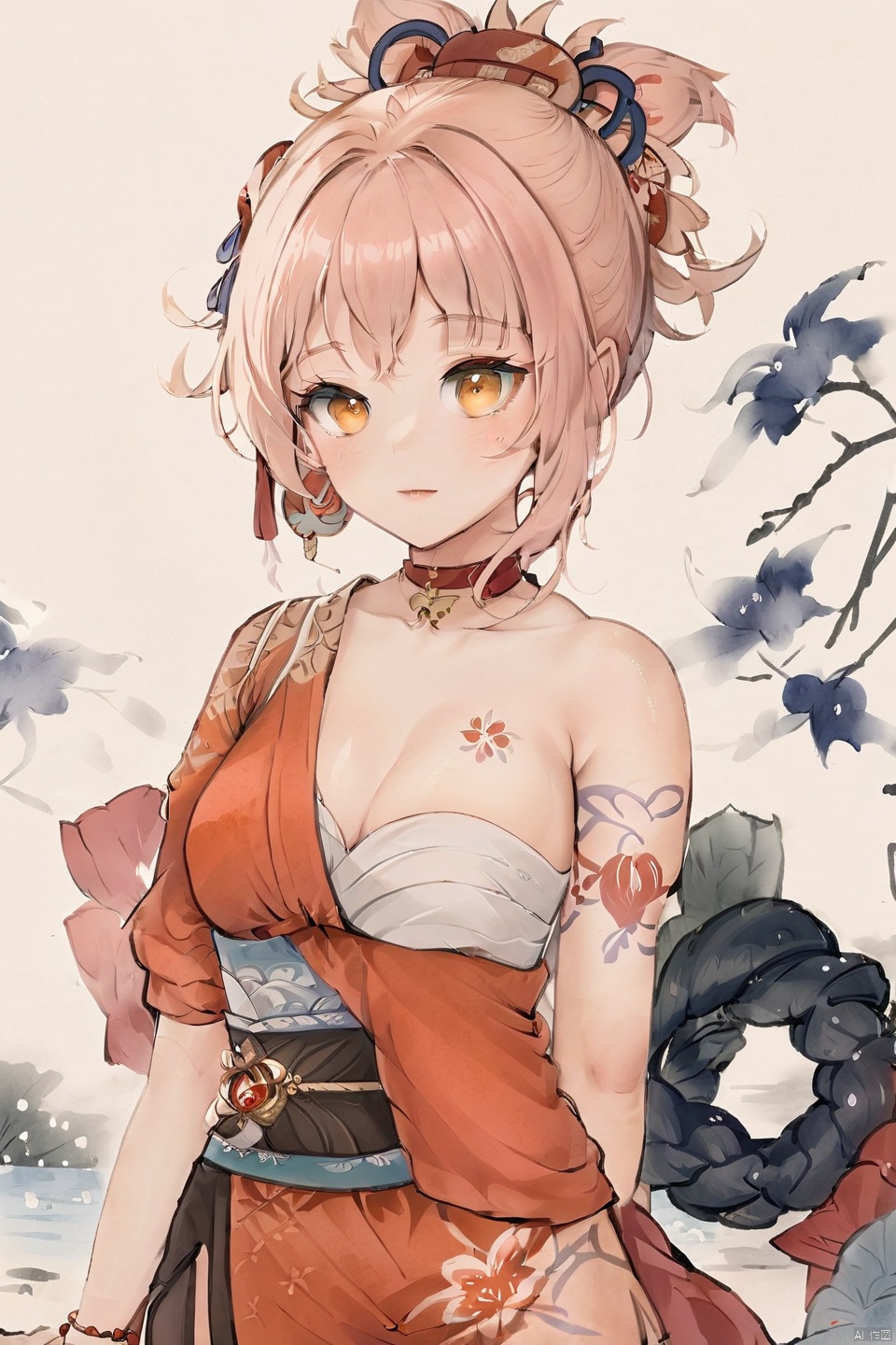 (\xiao gong\),1girl, breasts, solo, blush, blonde hair, looking at viewer, orange kimono, japanese clothes, kimono, cleavage, arm tattoo, sweat, red choker, (full body:1.4), bandages, white background, simple background, hair between eyes, bangs, chest tattoo, yellow eyes, orange eyes, medium breasts, (:3:1.3), 1girl,(Traditional Chinese ink painting style:1.5), Elegant movements, looking at viewer, sketch, Master&#39;s work, High details, (close-up) figures, meticulous paintings, gray tones of antique paintings, delicate embroidery patterns, moonlight on the lake, breeze blowing willows, flying brushstrokes, poetic atmosphere, elegant manners, classical Chinese gardens, simplicity Pavilions, light clouds and smoke, obi, xiangling